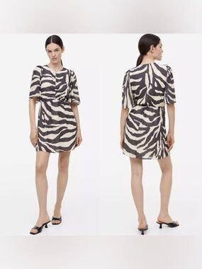 H&M Zebra Print Mini Shift Dress in Gray and Cream Medium